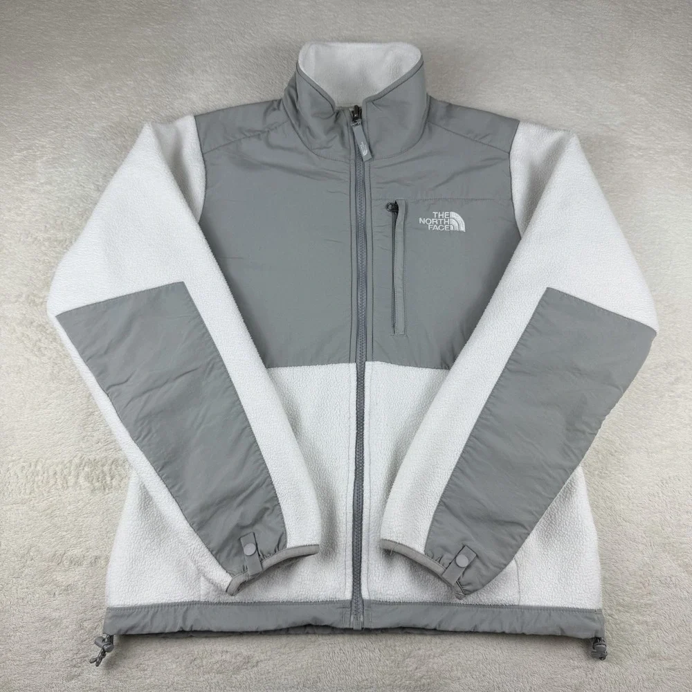 The North Face Denali Jacket Women Small White Gray Polartec Fleece Full Zip